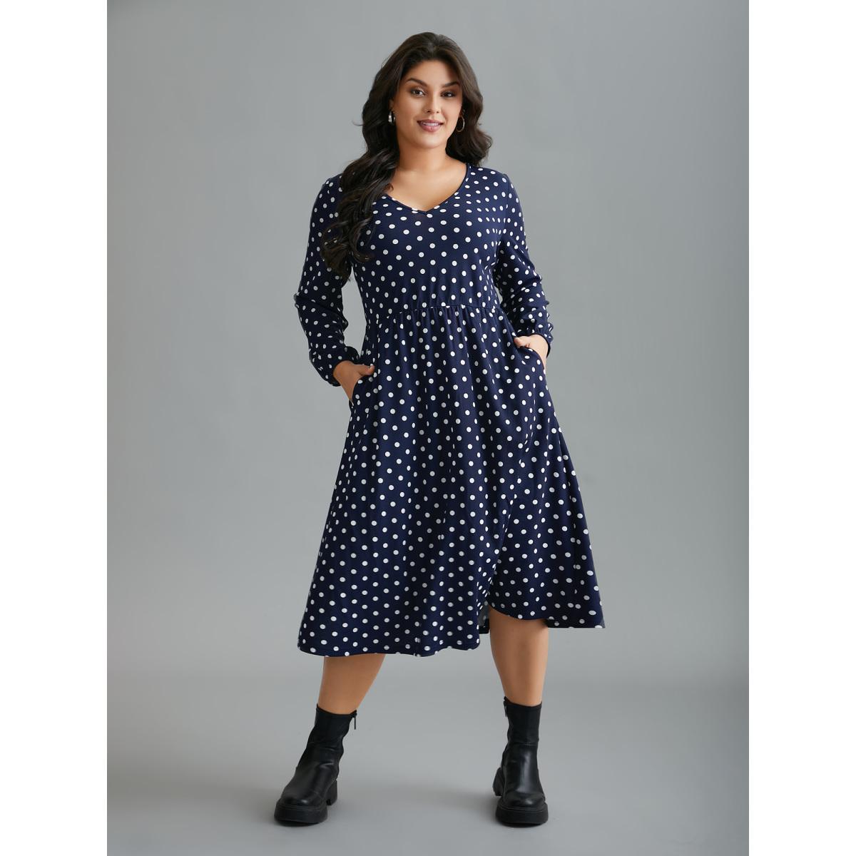 Plus Size V Neck Polka Dot Midi Dress DarkBlue Women Casual Non Knit Dresses Bloomchic 10/M Product Image