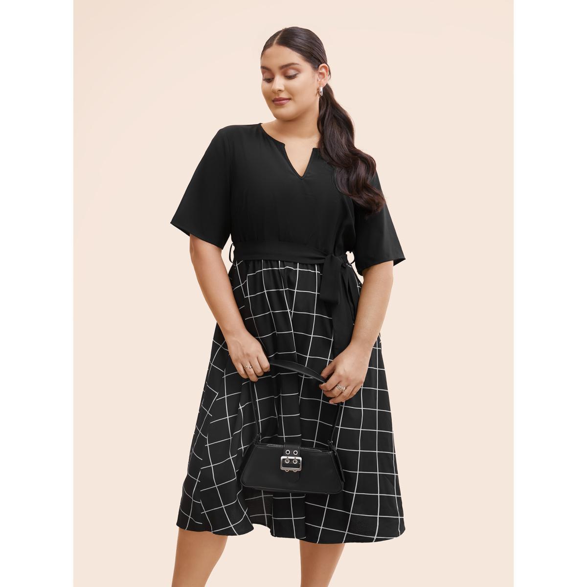 Plus Size Notched Plaid Patchwork Belted Midi Dress Black Women At the Office Belted Flat collar with V-notch Half Sleeve Curvy BloomChic 10/M Product Image