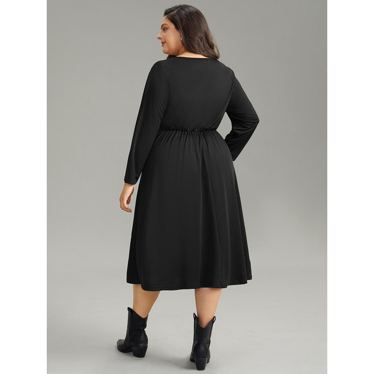 Plus Size Solid Ruched Pocket Elastic Waist Ties Dress Black Women Workwear Essentials Gathered Tie Neck Long Sleeve Curvy Midi Dress BloomChic 12/L Product Image