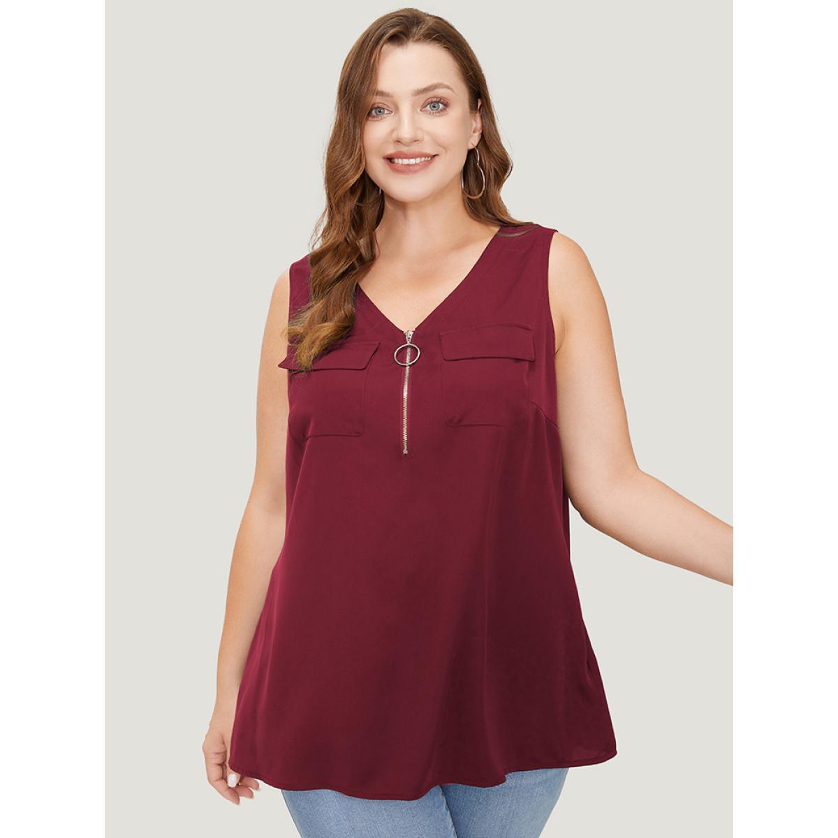 Plus Size Solid Half Zipper Flap Detail Tank Top Women Burgundy Casual Zipper V-neck Dailywear Tank Tops Camis BloomChic 14-16/1X Product Image
