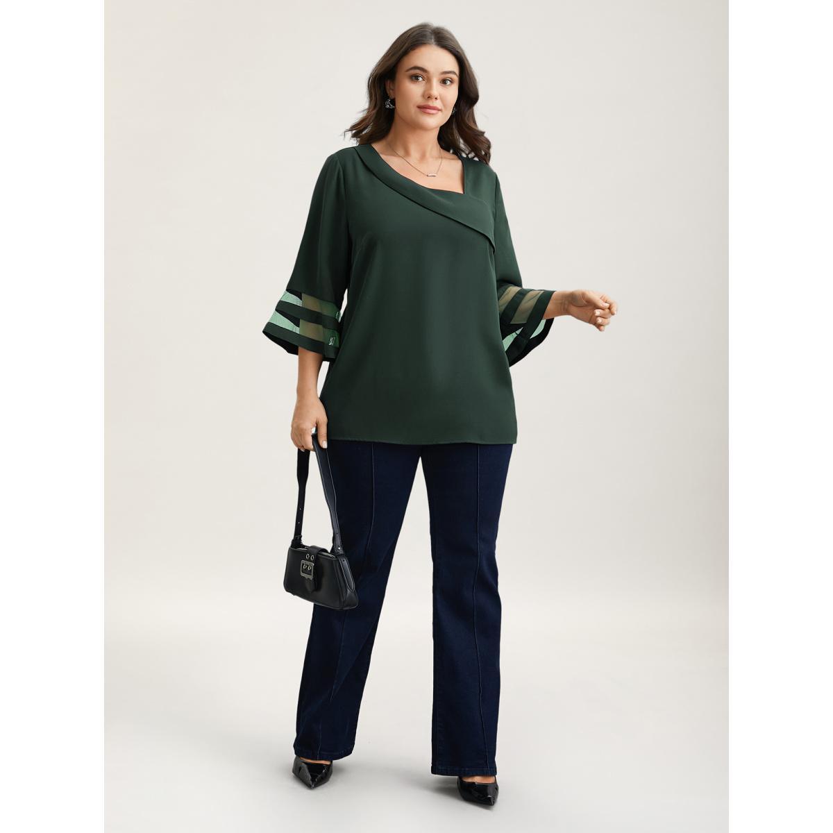 Plus Size DarkGreen Sheer Sleeve Patchwork Asymmetrical Neckline Blouse Women At the Office Elbow-length sleeve Asymmetrical Neck Work Blouses BloomChic 10/M Product Image