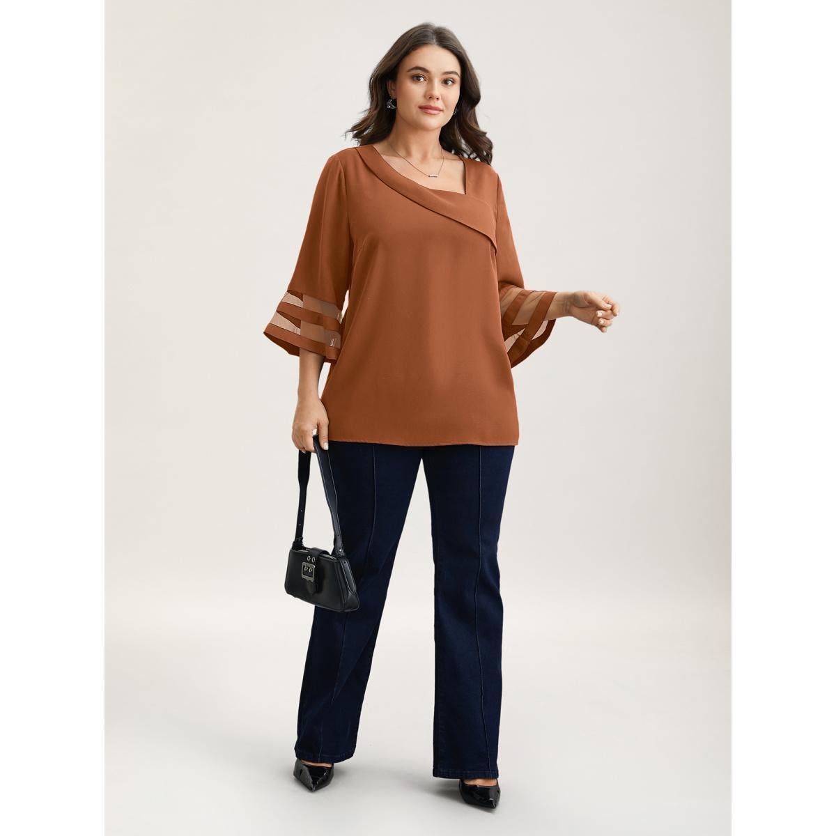 Plus Size Mauve Sheer Sleeve Patchwork Asymmetrical Neckline Blouse Women At the Office Elbow-length sleeve Asymmetrical Neck Work Blouses BloomChic 12/L Product Image
