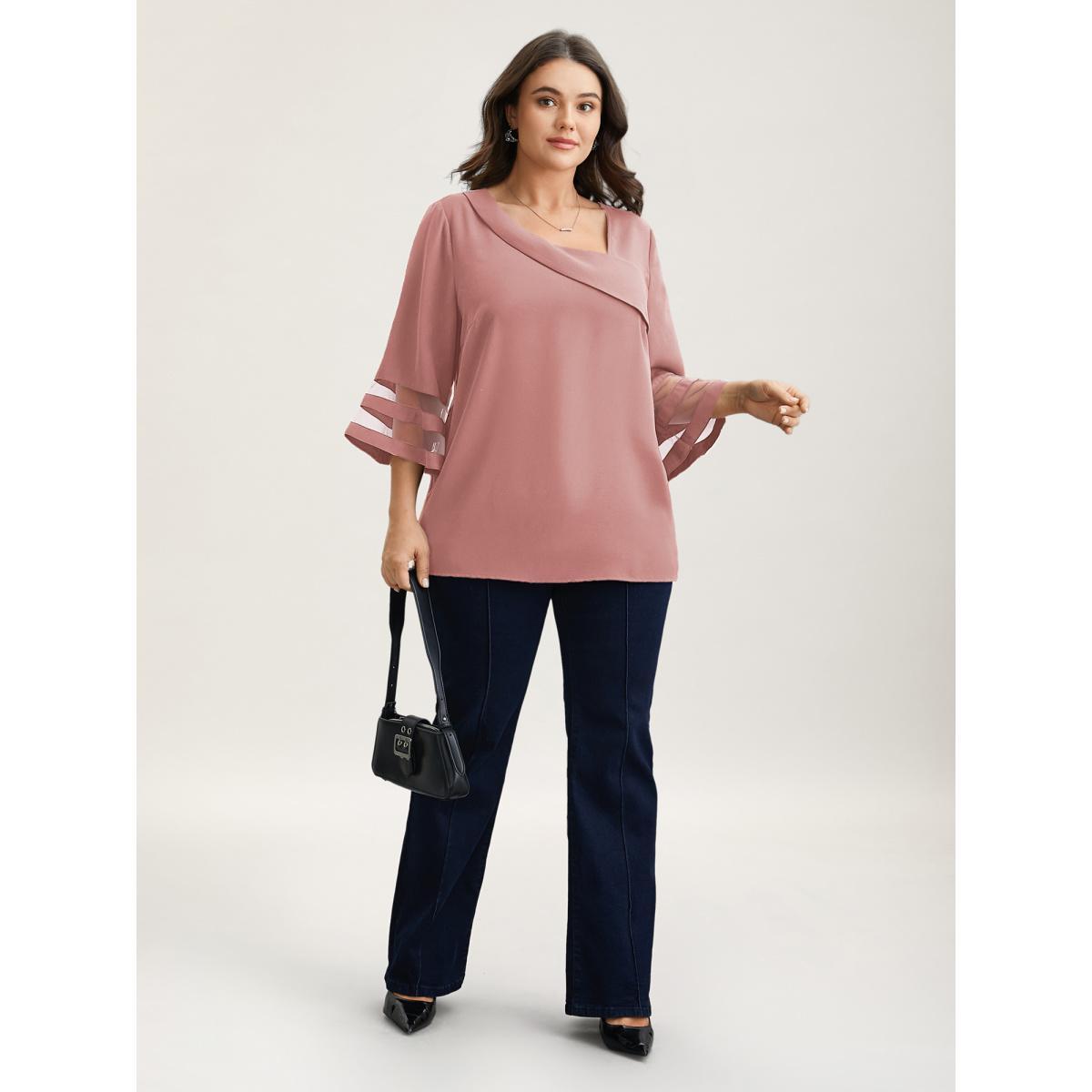 Plus Size Beanpastepowder Sheer Sleeve Patchwork Asymmetrical Neckline Blouse Women At the Office Elbow-length sleeve Asymmetrical Neck Work Blouses BloomChic 30/6X Product Image