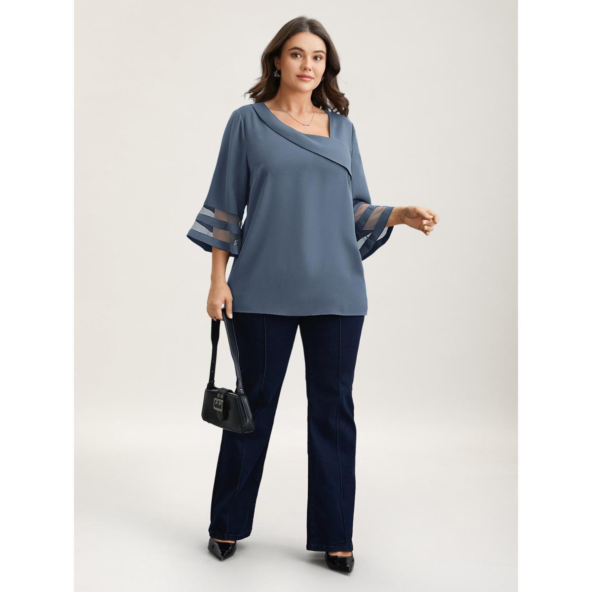 Plus Size Mauve Sheer Sleeve Patchwork Asymmetrical Neckline Blouse Women At the Office Elbow-length sleeve Asymmetrical Neck Work Blouses BloomChic 12/L Product Image