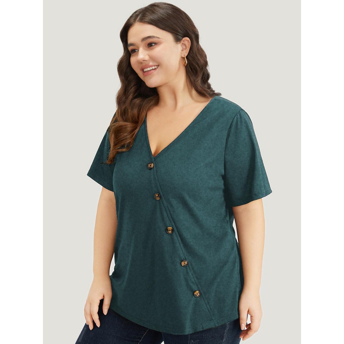 Plus Size Plain V Neck Button Detail Flutter Sleeve T-shirt DarkGreen Women Casual Plain Plain V-neck Dailywear T-shirts BloomChic 18-20/2X Product Image