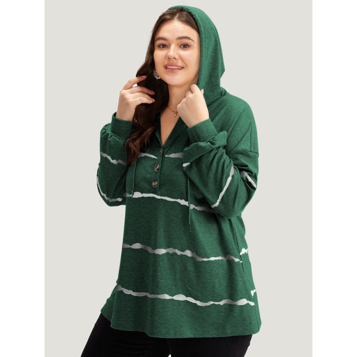 Plus Size Striped Drawstring Hooded Button Up Sweatshirt Women Green Casual Elastic cuffs Hooded Dailywear Sweatshirts BloomChic 26/4X Product Image