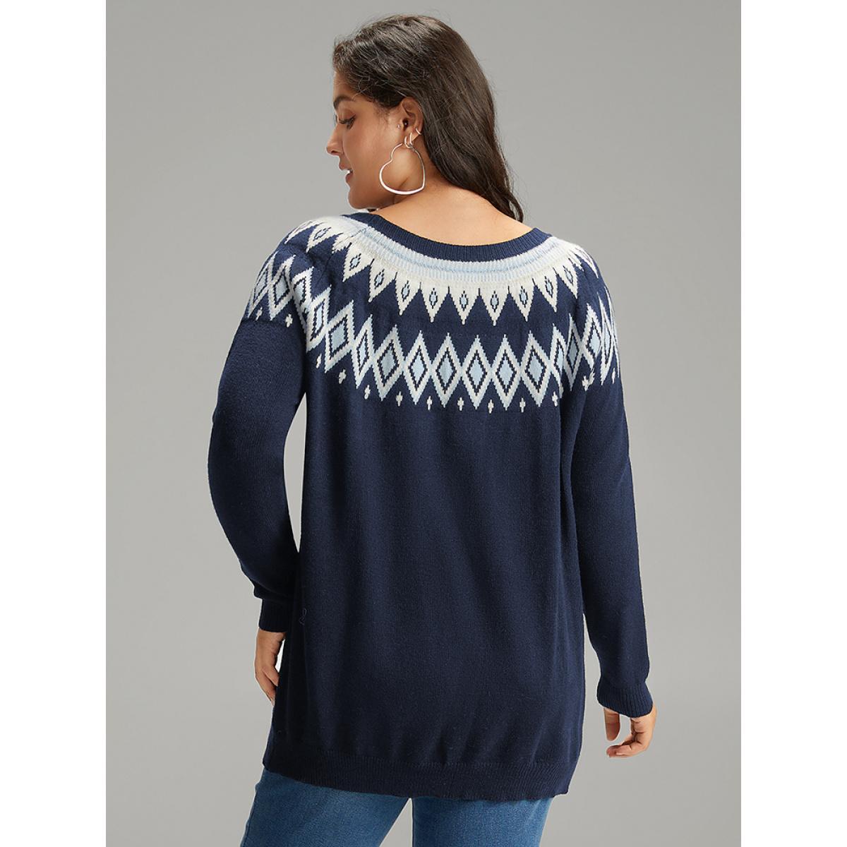 Plus Size Supersoft Essentials Geo Contrast Raglan Sleeve Pullover Indigo Women Casual Loose Long Sleeve Round Neck Dailywear Pullovers BloomChic 18-20/2X Product Image