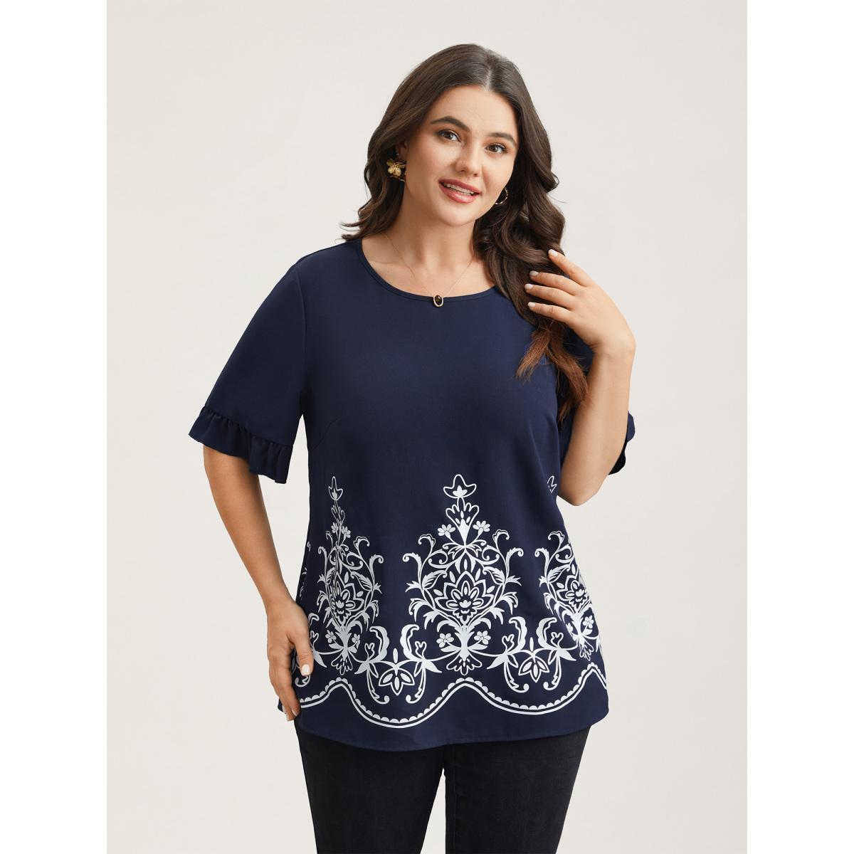 Plus Size Indigo Floral Print Round Neck Ruffled Sleeve Shirt Women Elegant Short sleeve Round Neck Everyday Blouses BloomChic 18-20/2X Product Image