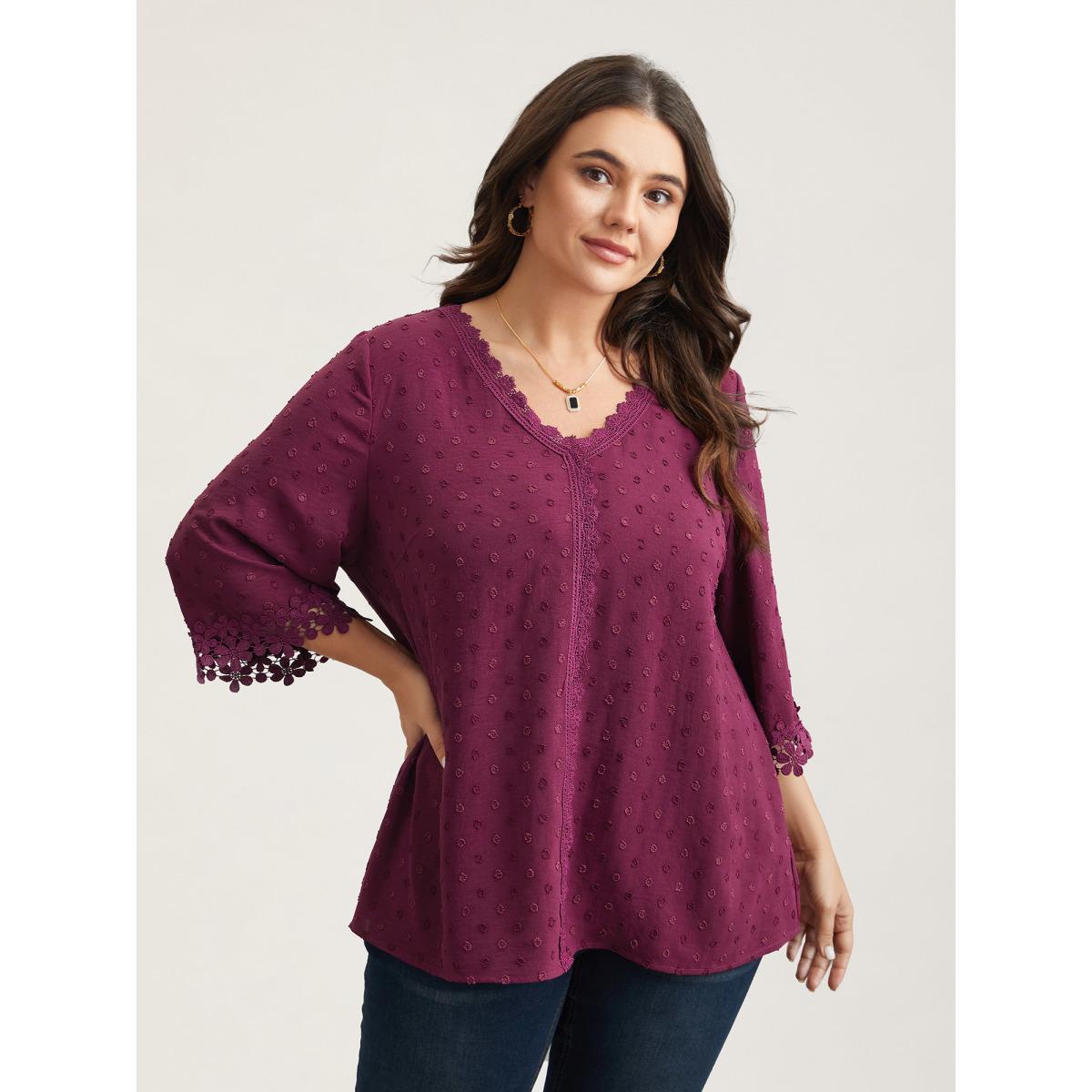 Plus Size Deeppurplered Textured Color-Block Lace Detail Shirt Women Elegant Elbow-length sleeve V-neck Everyday Blouses BloomChic 12/L Product Image