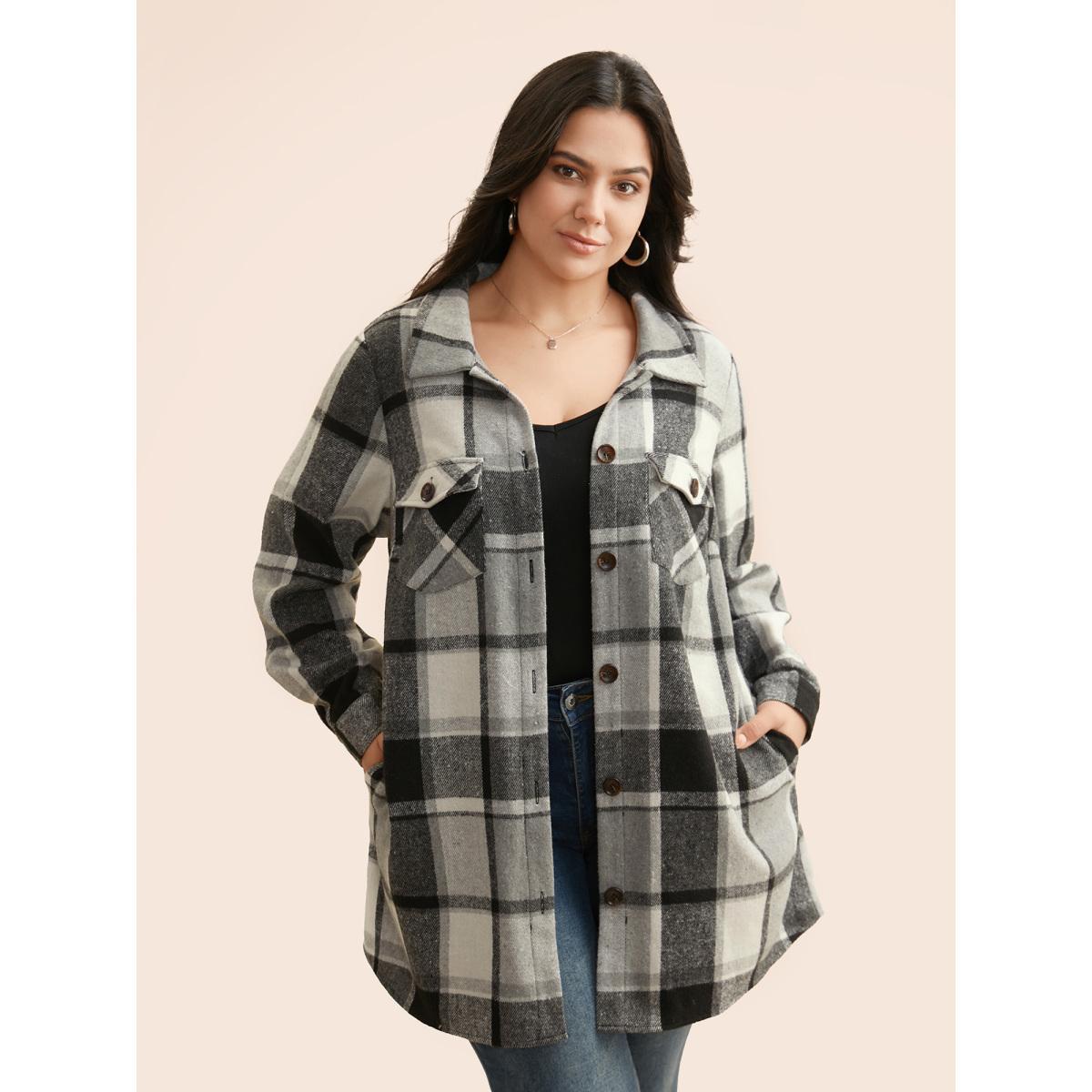Plus Size Plaid Chest Pockets Long Jacket Women Black Button Loose Side seam pocket Everyday Jackets BloomChic 30/6X Product Image