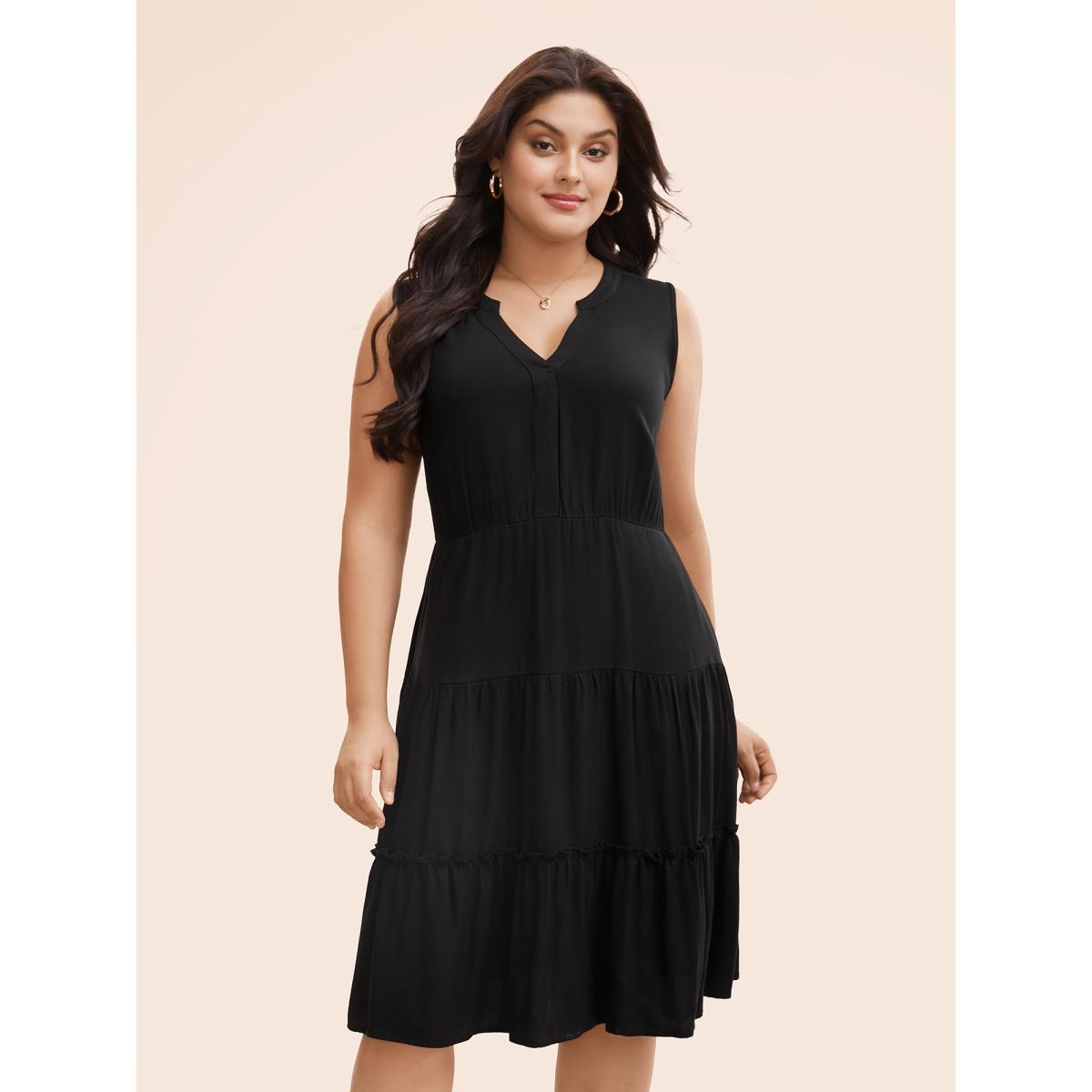 Plus Size Supersoft Essentials Notched Ruffle Layered Hem Sleeveless Dress Black Women Elegant Gathered V-neck Sleeveless Curvy Midi Dress BloomChic 12/L Product Image