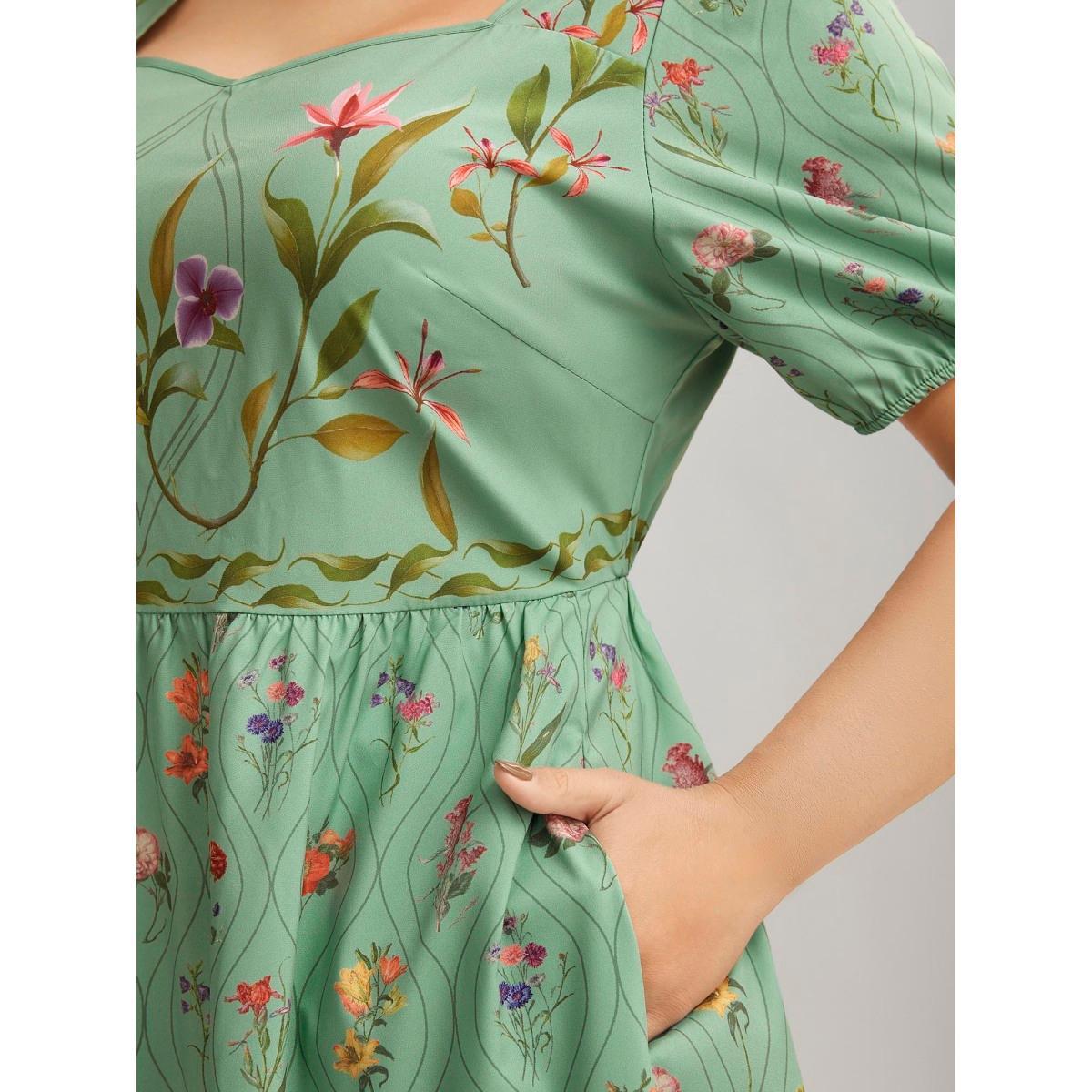 Plus Size Garden Print Pockets Puff Sleeve Midi Dress Greenbean Women Heart neckline Short sleeve Curvy BloomChic 26/4X Product Image