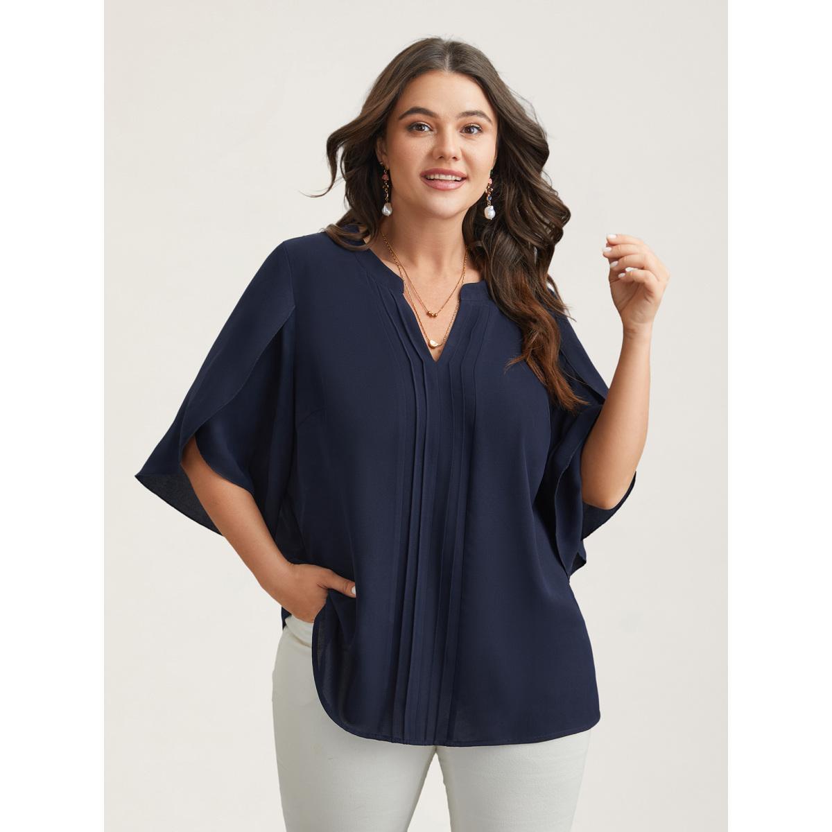 Plus Size Indigo Petal Sleeve Toothpick Pleats Shirt Women At the Office Elbow-length sleeve Notched collar Work Blouses BloomChic 14-16/1X Product Image