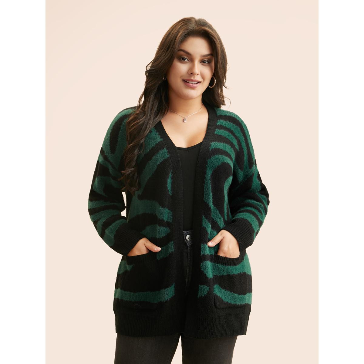 Plus Size Zebra Jacquard Drop Shoulder Cardigan ArmyGreen Women Casual Loose Long Sleeve Everyday Cardigans BloomChic 28/5X Product Image