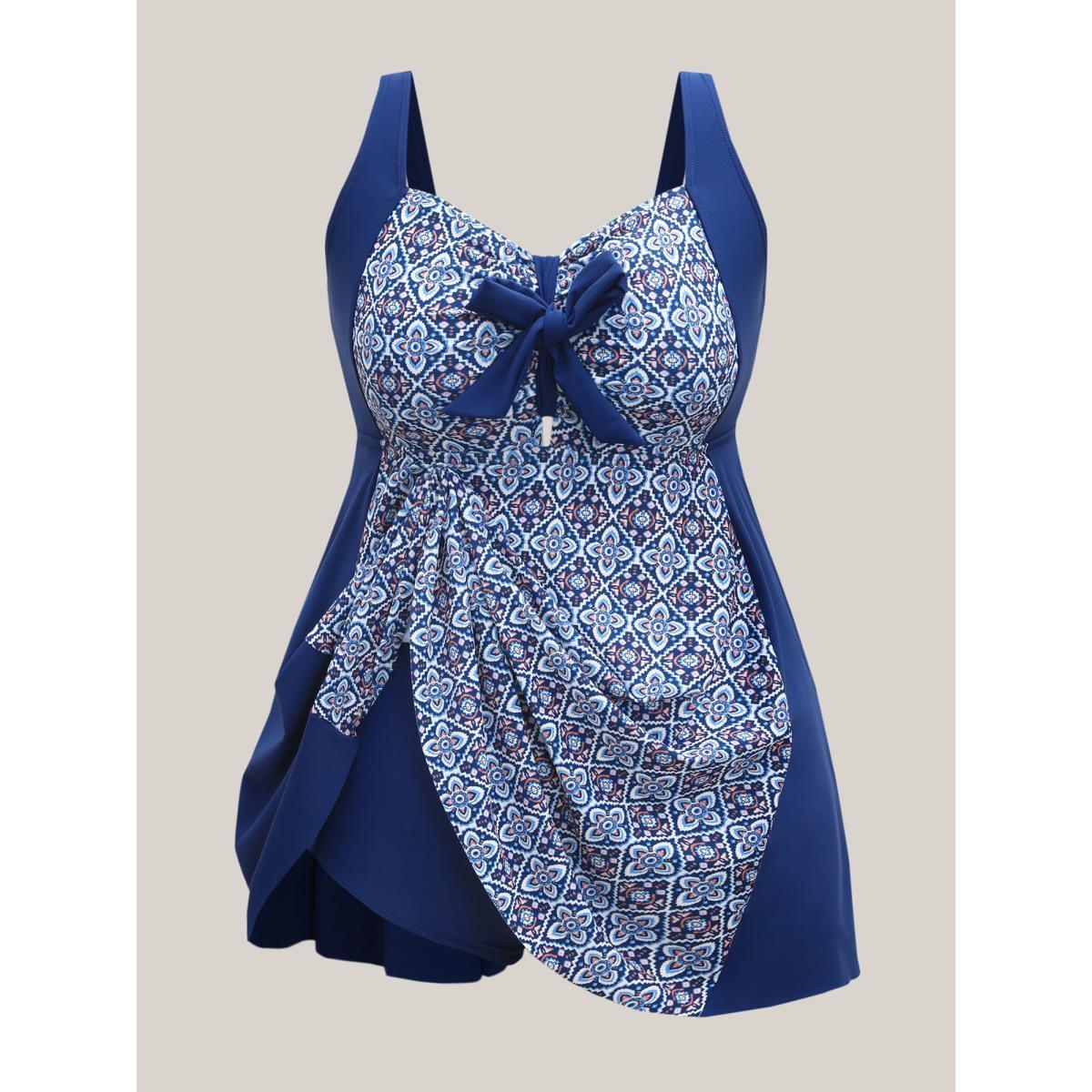Plus Size Boho Print Adjustable Front Knot Swim Dress Women's Swimwear Indigo Beach Bodycon Heart neckline High stretch Curve Swim Dresses BloomChic 22-24/3X Product Image