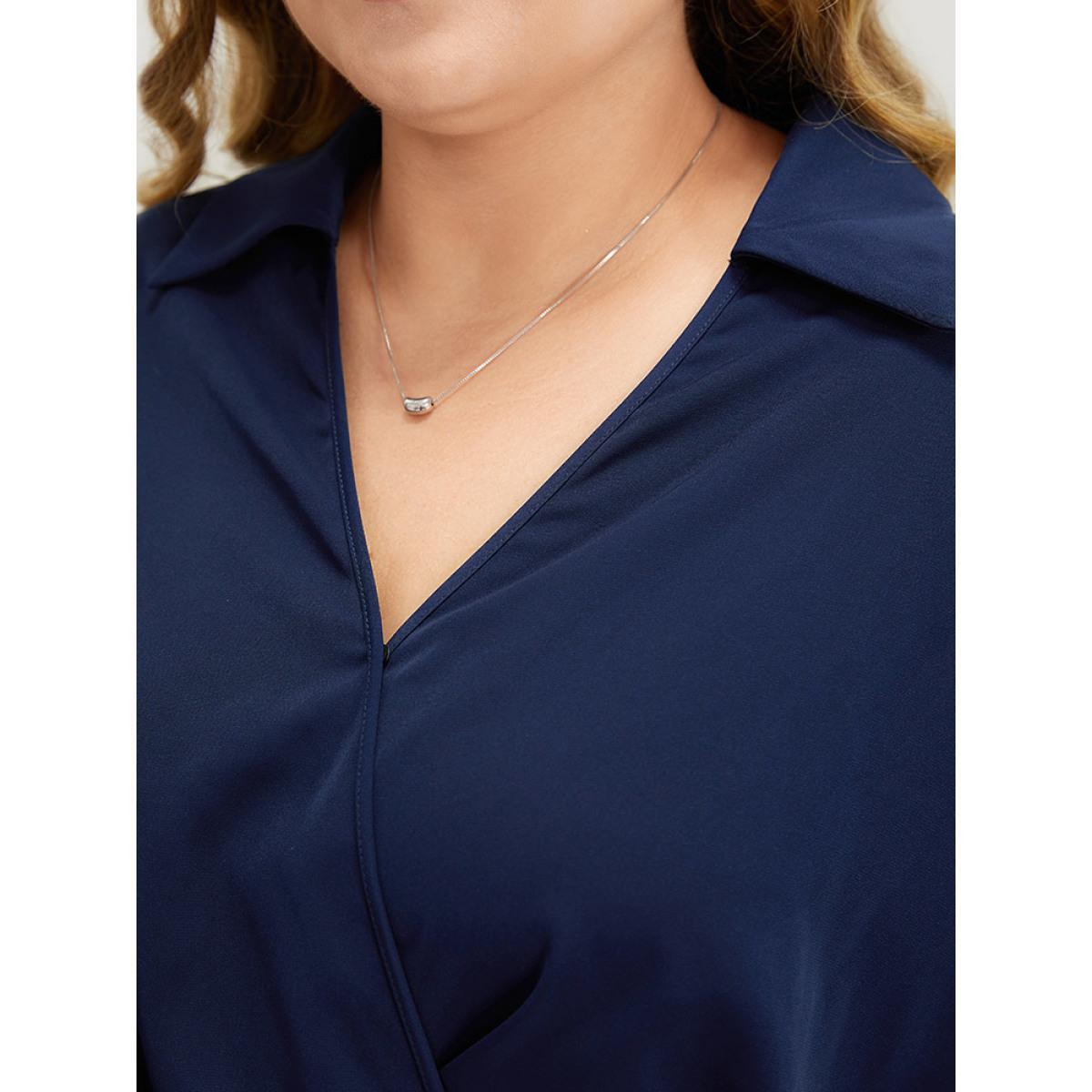 Plus Size Shirt Collar Split Hem Wrap Pocket Knot Gathered Dress DarkBlue Women Elegant Wrap Shirt collar Half Sleeve Curvy Midi Dress BloomChic 28/5X Product Image