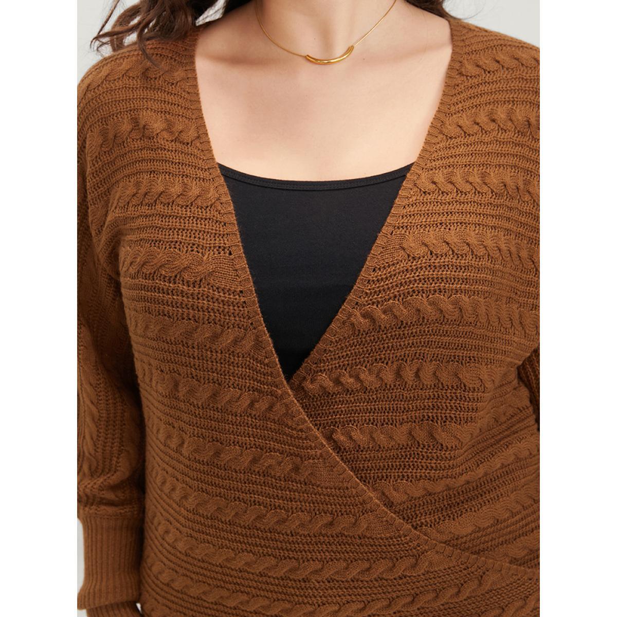 Plus Size Solid Pointelle Knit Dolman Sleeve Surplice Neck Knit Top Bronze Women Casual Loose Long Sleeve V-neck Dailywear Pullovers BloomChic 10/M Product Image