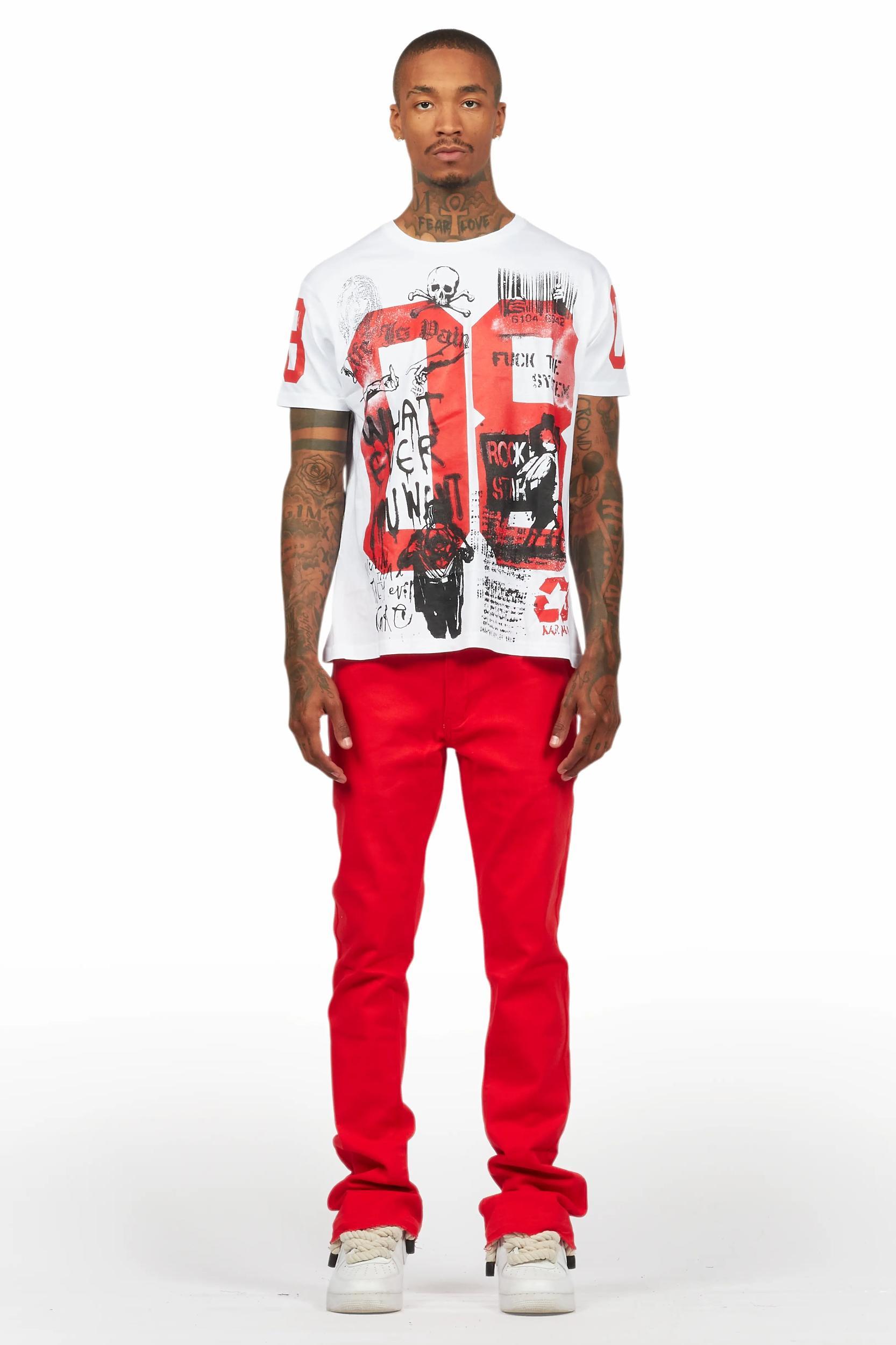 Grill White/Red Oversized Graphic T-Shirt/Dag Stacked Flare Jean Set Male Product Image