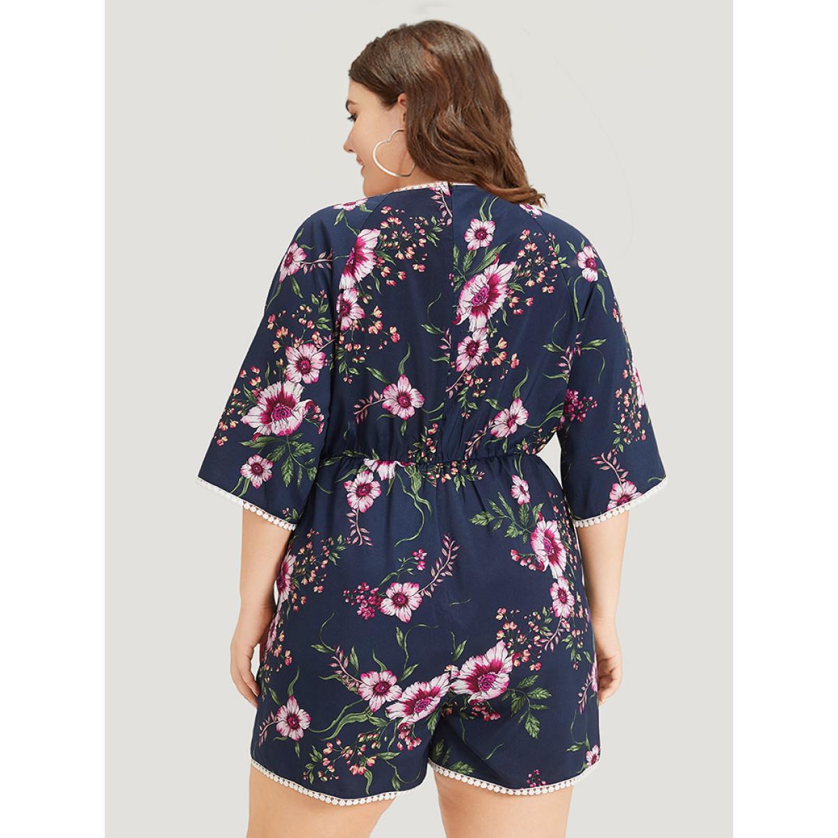 Plus Size DarkBlue Floral Print Overlap Collar Contrast Trim Pocket Jumpsuit Women Vacation Elbow-length sleeve V-neck Dailywear Loose Jumpsuits BloomChic 12/L Product Image