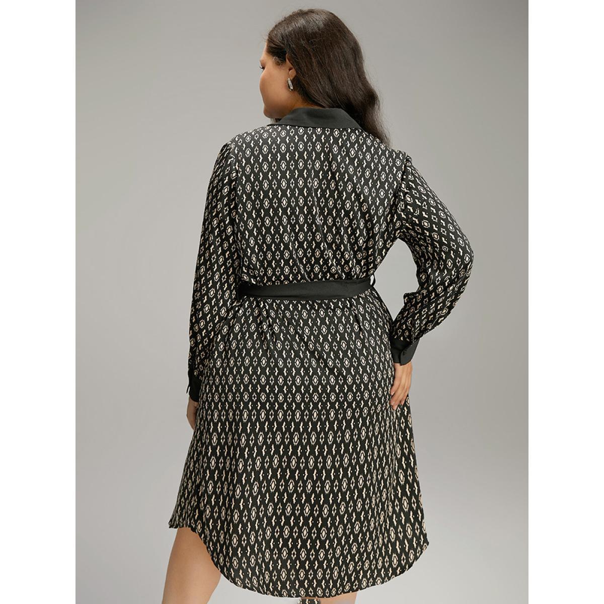Plus Size Geometric Patched Pocket Arc Hem Dress Black Women Office Belted Shirt collar Long Sleeve Curvy Midi Dress BloomChic 28/5X Product Image