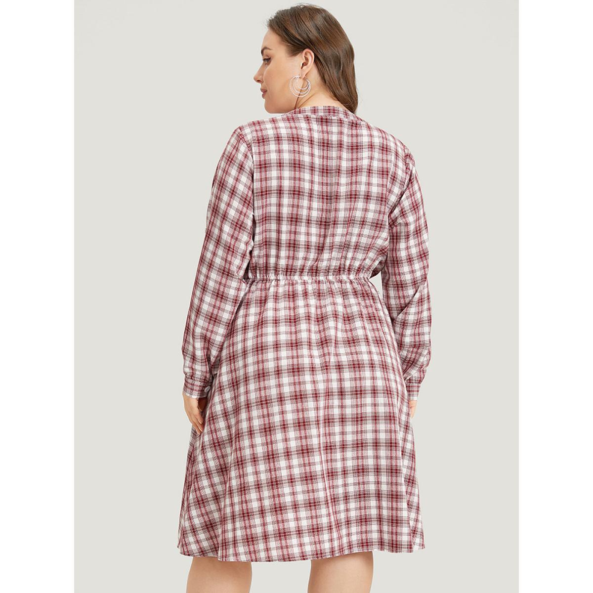Plus Size Plaid Drawstring Zipper Notched Tab Sleeve Dress Raspberry Women Elegant Zipper Notched collar Long Sleeve Curvy Knee Dress BloomChic 10/M Product Image