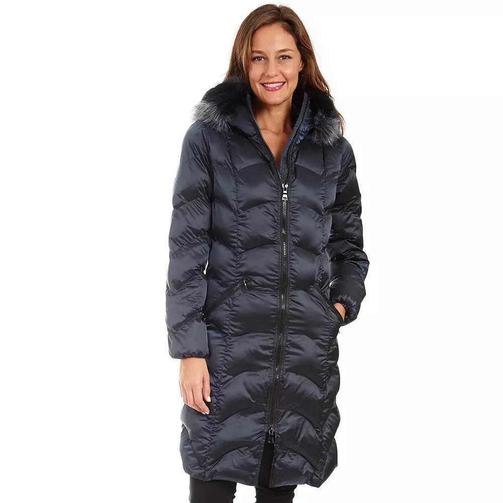 Womens Fleet Street Long Faux Down Coat with Faux Fur Trimmed Hood Black Product Image