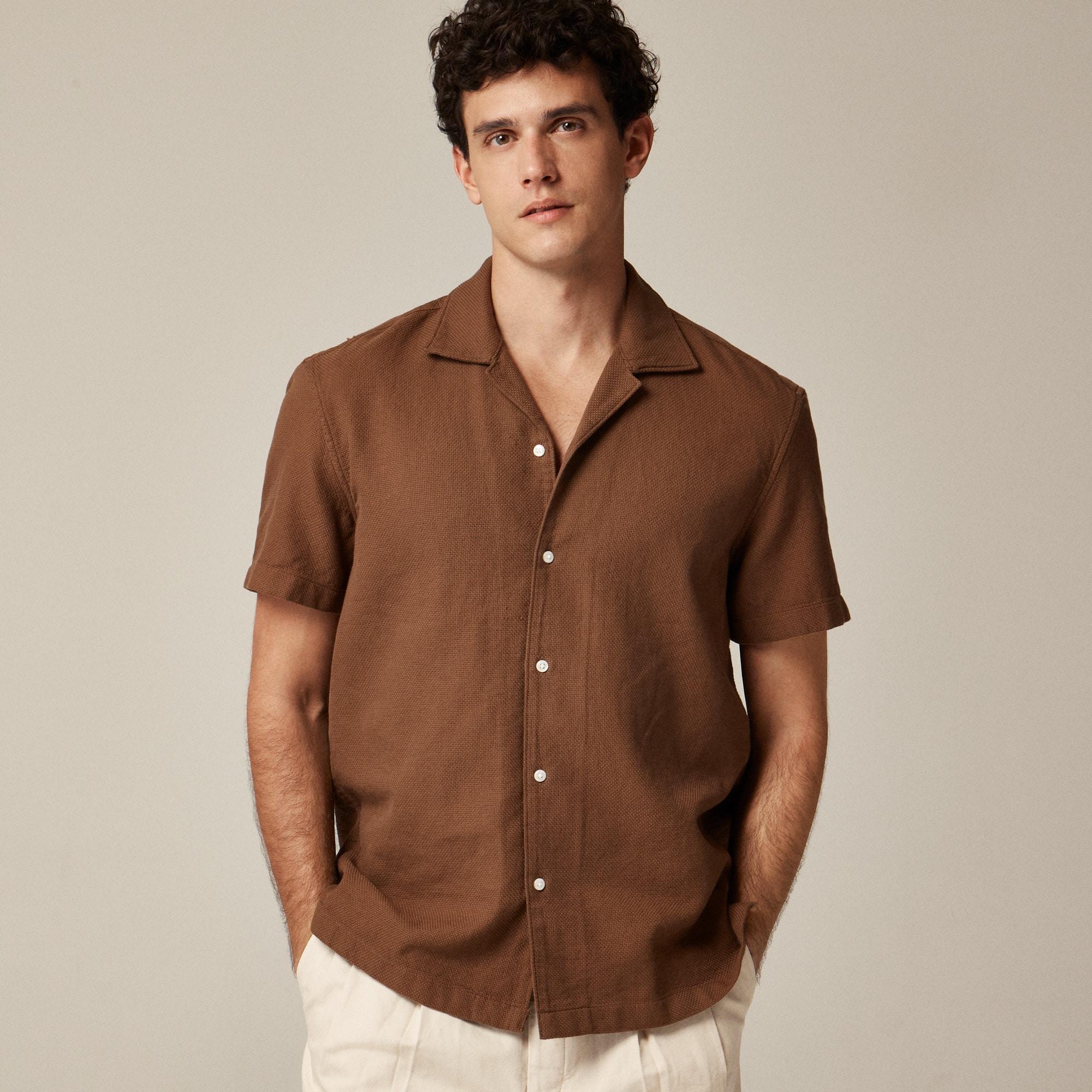 Short-sleeve textured cotton camp-collar shirt Product Image