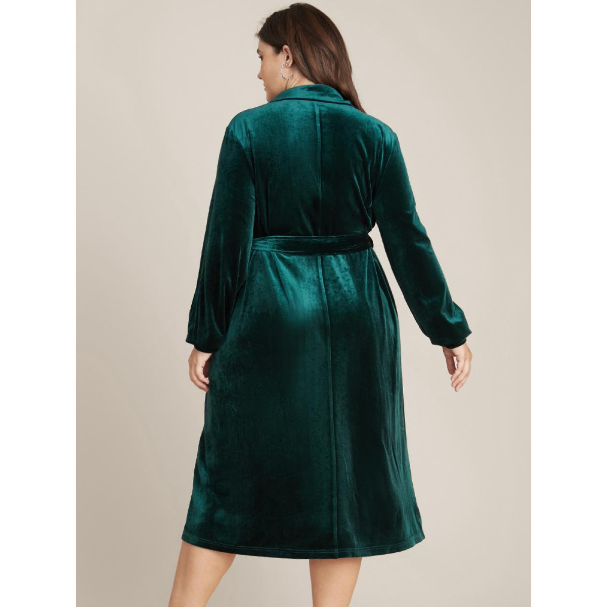 Plus Size Solid Shirt Collar Pocket Button Up Belted Velvet Dress DarkGreen Women Party Shirt collar Long Sleeve Curvy Midi Dress BloomChic 10/M Product Image