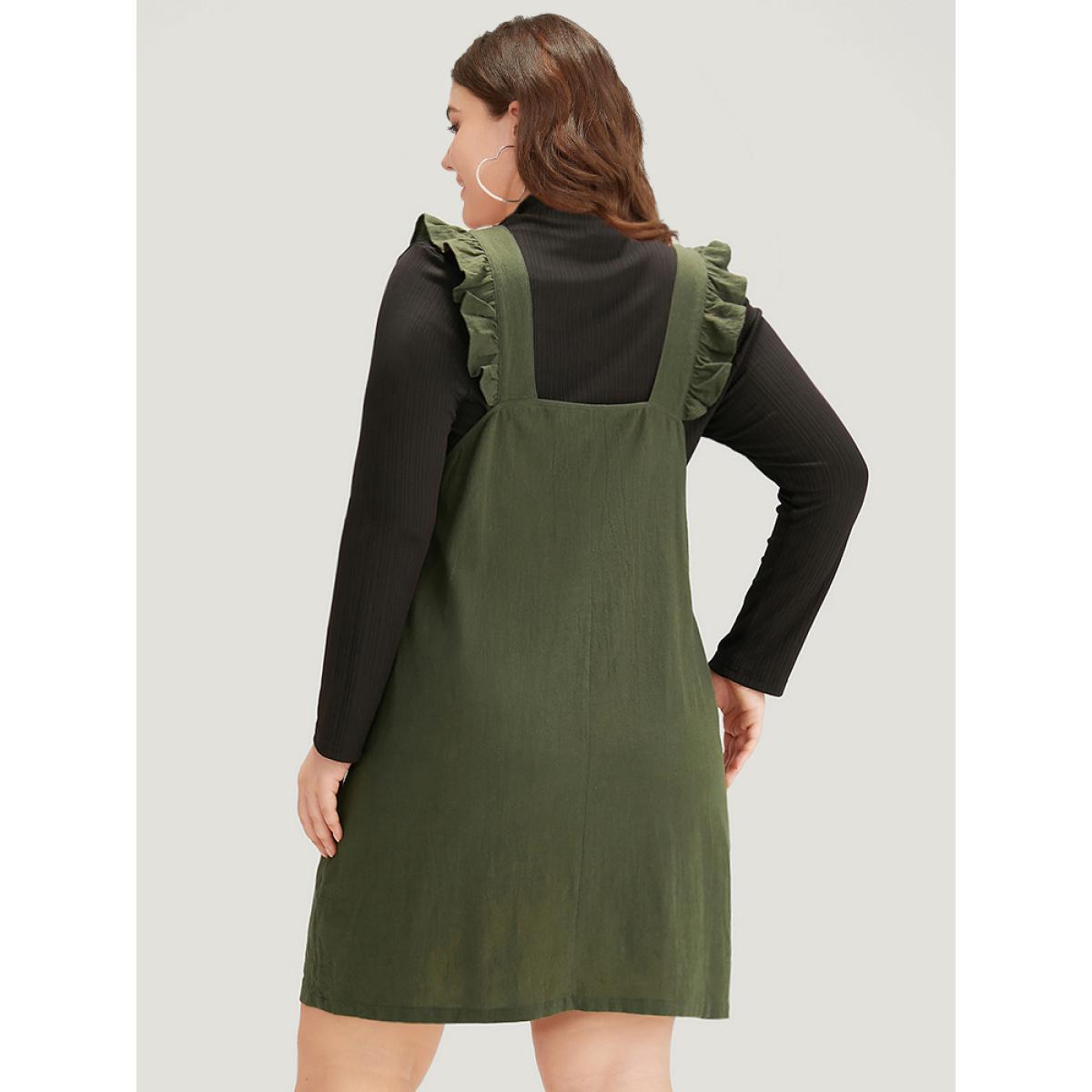 Plus Size Solid Square Neck Button Up Pocket Ruffle Trim Cami Dress ArmyGreen Women Casual Plain Spaghetti Strap Sleeveless Curvy Knee Dress BloomChic 28/5X Product Image