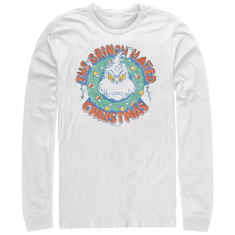 Men's Dr. Seuss The Grinch Hated Christmas Wreath Long Sleeve Graphic Tee, Size: XL, White Product Image