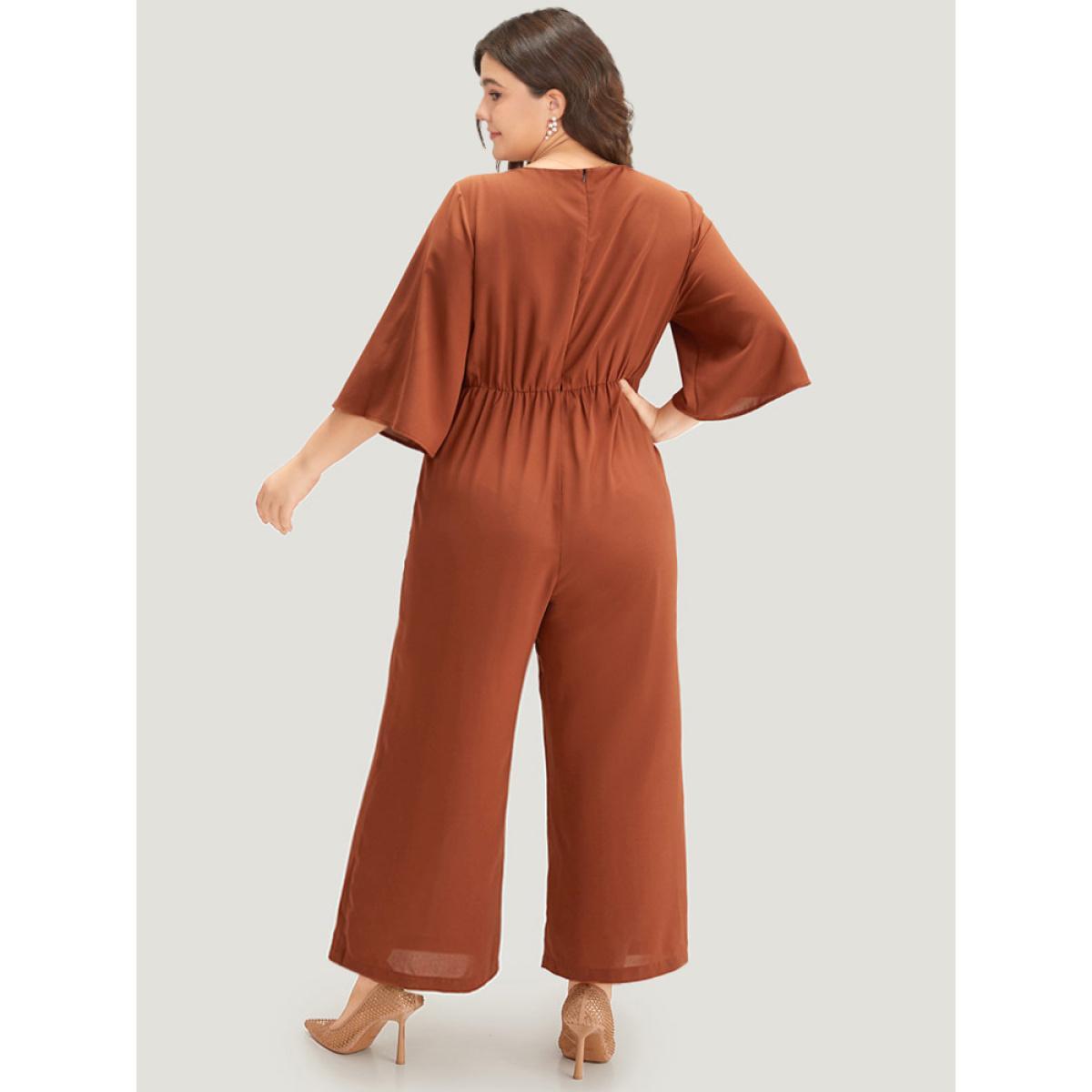 Plus Size Brown Plain Crisscross Plicated Detail Flutter Sleeve Jumpsuit Women Elegant Elbow-length sleeve V-neck Dailywear Loose Jumpsuits BloomChic 14-16/1X Product Image