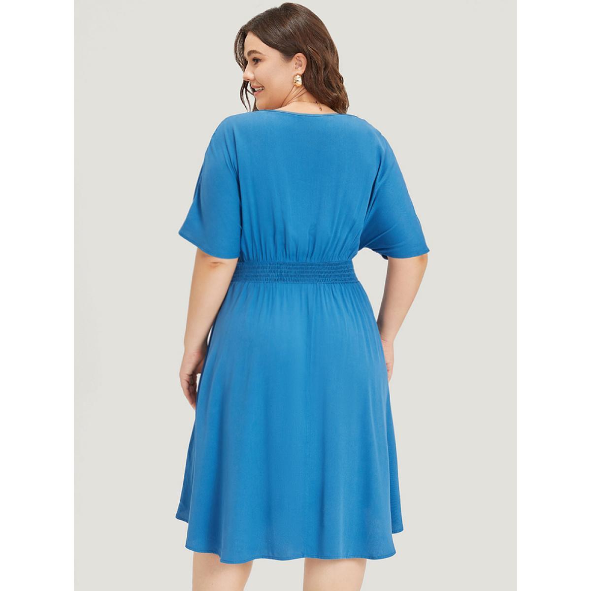 Plus Size Supersoft Essentials Plain Shirred Pocket Batwing Sleeve Dress Cerulean Women Office Plain Round Neck Half Sleeve Curvy Knee Dress BloomChic 30/6X Product Image