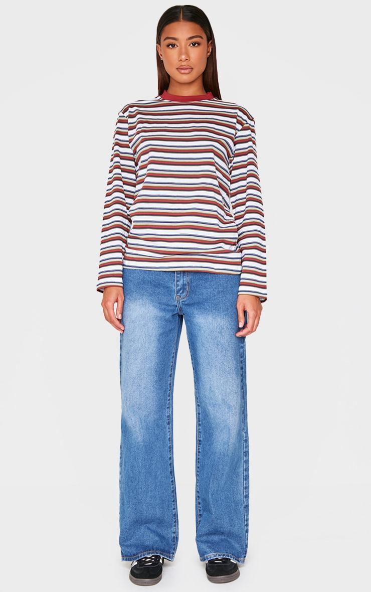  Burgundy Striped Contrast Collar Long Sleeve Top Product Image