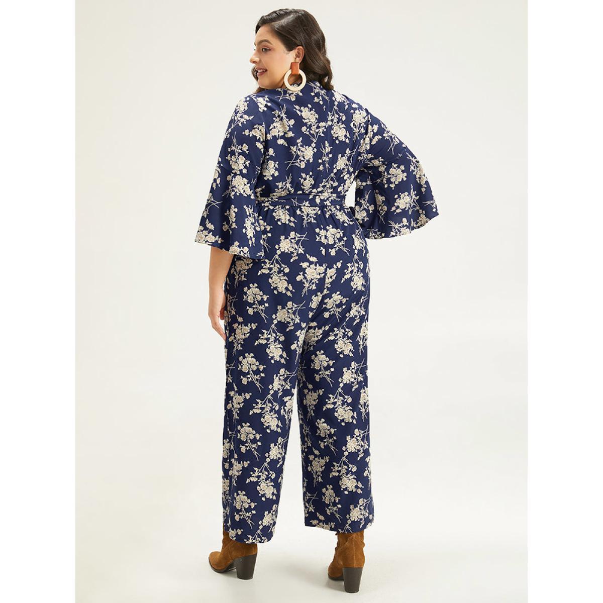 Plus Size DarkBlue Floral Print Bell Sleeve Pocket Belted Jumpsuit Women Elegant Elbow-length sleeve V-neck Dailywear Loose Jumpsuits BloomChic 14-16/1X Product Image