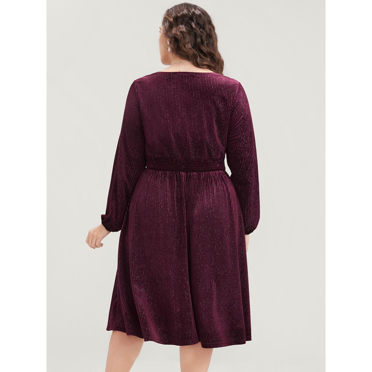 Plus Size Glitter Lantern Sleeve Surplice Neck Shirred Dress Burgundy Women Party Plain V-neck Long Sleeve Curvy Knee Dress BloomChic 28/5X Product Image