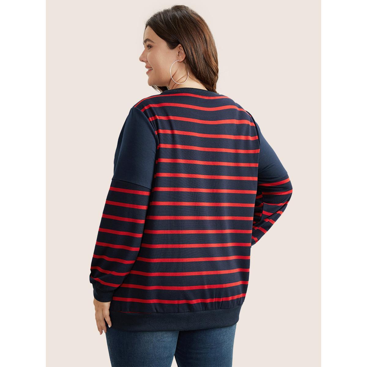 Plus Size Striped Patchwork Button Detail Sweatshirt Women Midnight Casual Non Round Neck Everyday Sweatshirts BloomChic 12/L Product Image