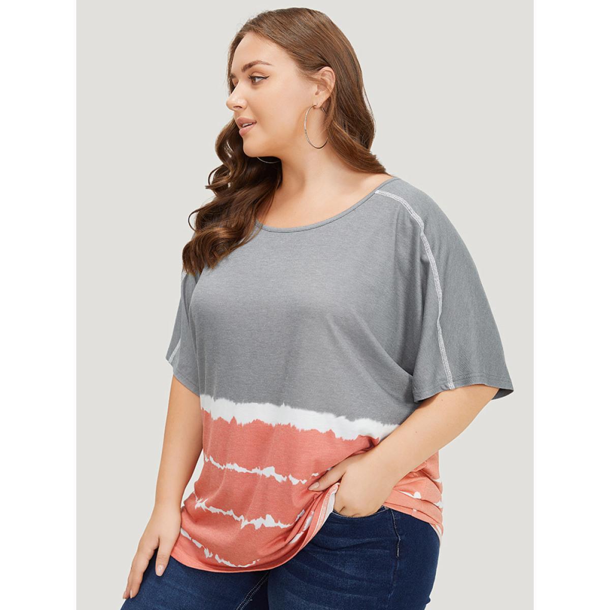 Plus Size Tie Dye Contrast Stitched Batwing Sleeve Striped T-shirt Multicolor Women Casual Tie Dye Striped Round Neck Loose Dailywear T-shirts BloomChic 30/6X Product Image