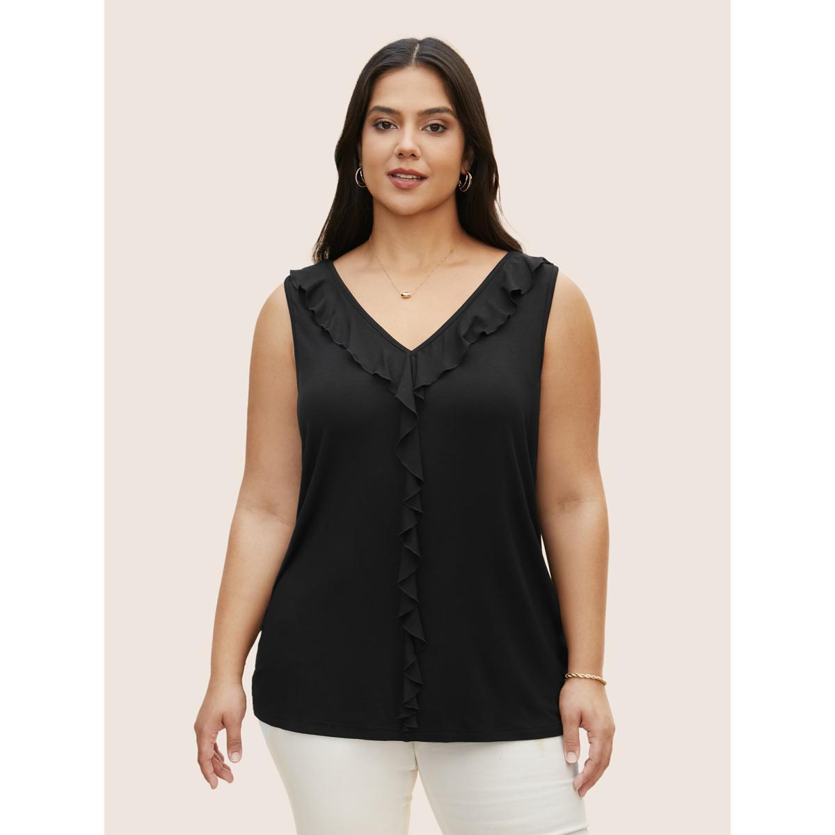 Plus Size Supersoft Essentials V Neck Ruffle Trim Tank Top Women Black Elegant Ruffles V-neck Everyday Tank Tops Camis BloomChic 30/6X Product Image