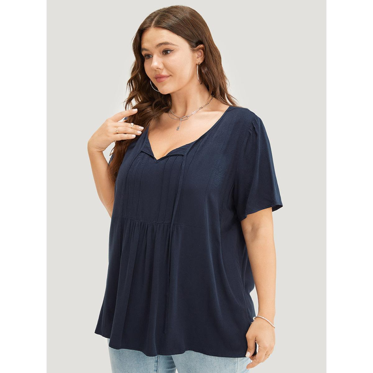 Plus Size Indigo Solid Pleated Detail Tie Neck Ruffle Blouse Women Office Short sleeve Tie Neck Dailywear Blouses BloomChic 22-24/3X Product Image