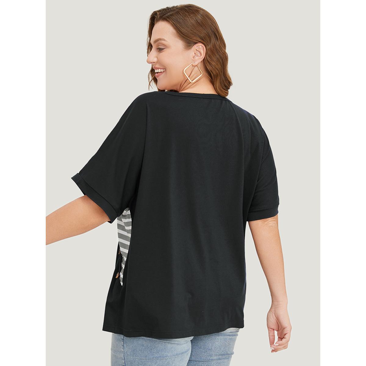 Plus Size Striped Contrast Wrap Batwing Sleeve Patchwork T-shirt Gray Women Casual Wrap Striped V-neck Dailywear T-shirts BloomChic 10/M Product Image