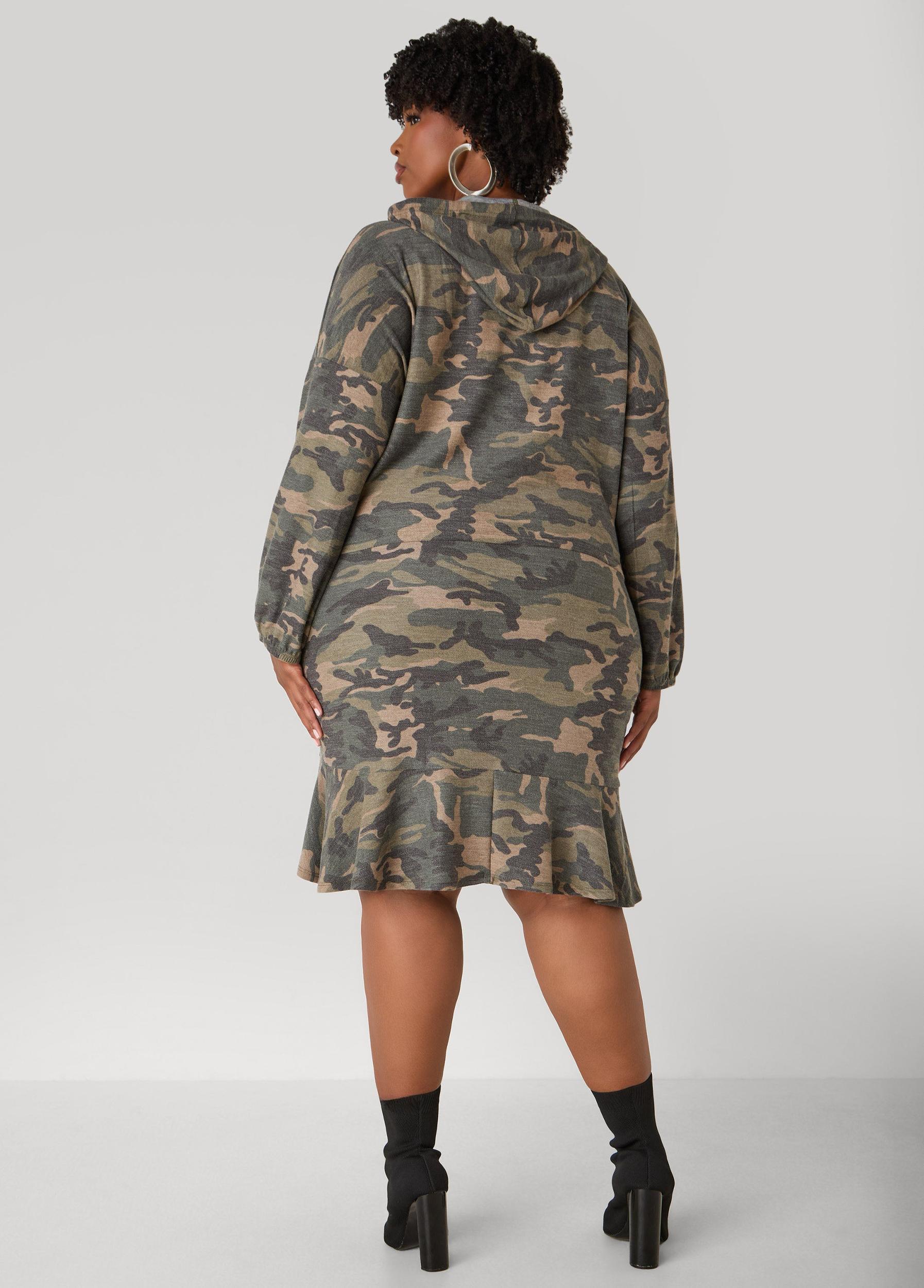 Flounced Camo Print Hoodie Dress Product Image