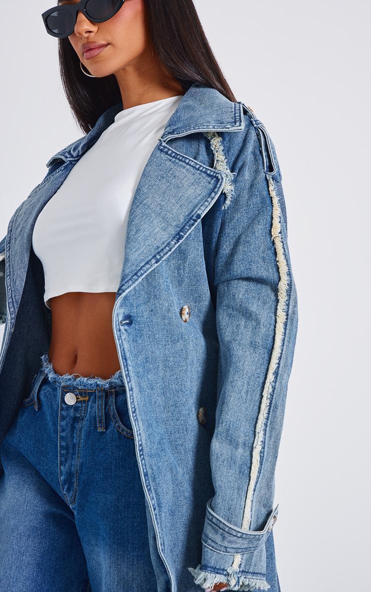 Petite Mid Blue Wash Denim Frayed Edge Maxi Trench Coat Product Image