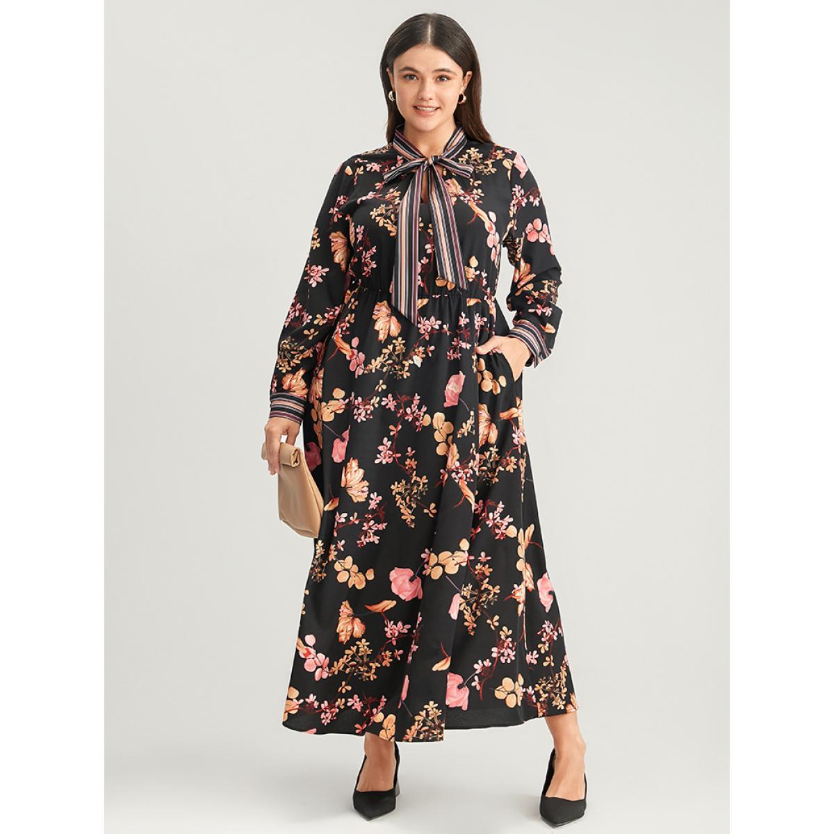 Plus Size Floral Keyhole Pocket Knotted Neck Split Dress Black Women Elegant Knotted Tie Neck Long Sleeve Curvy Long Dress BloomChic 28/5X Product Image
