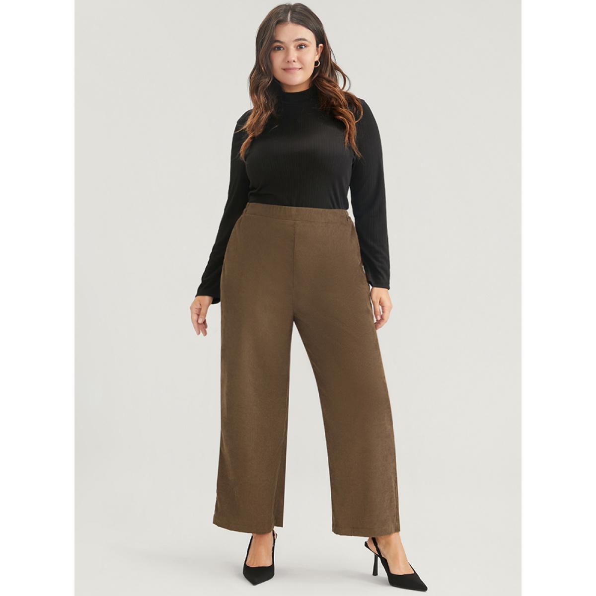 Plus Size Solid Pocket Elastic Waist Corduroy Pants Women Tan Office Mid Rise Work Pants BloomChic 30/6X Product Image