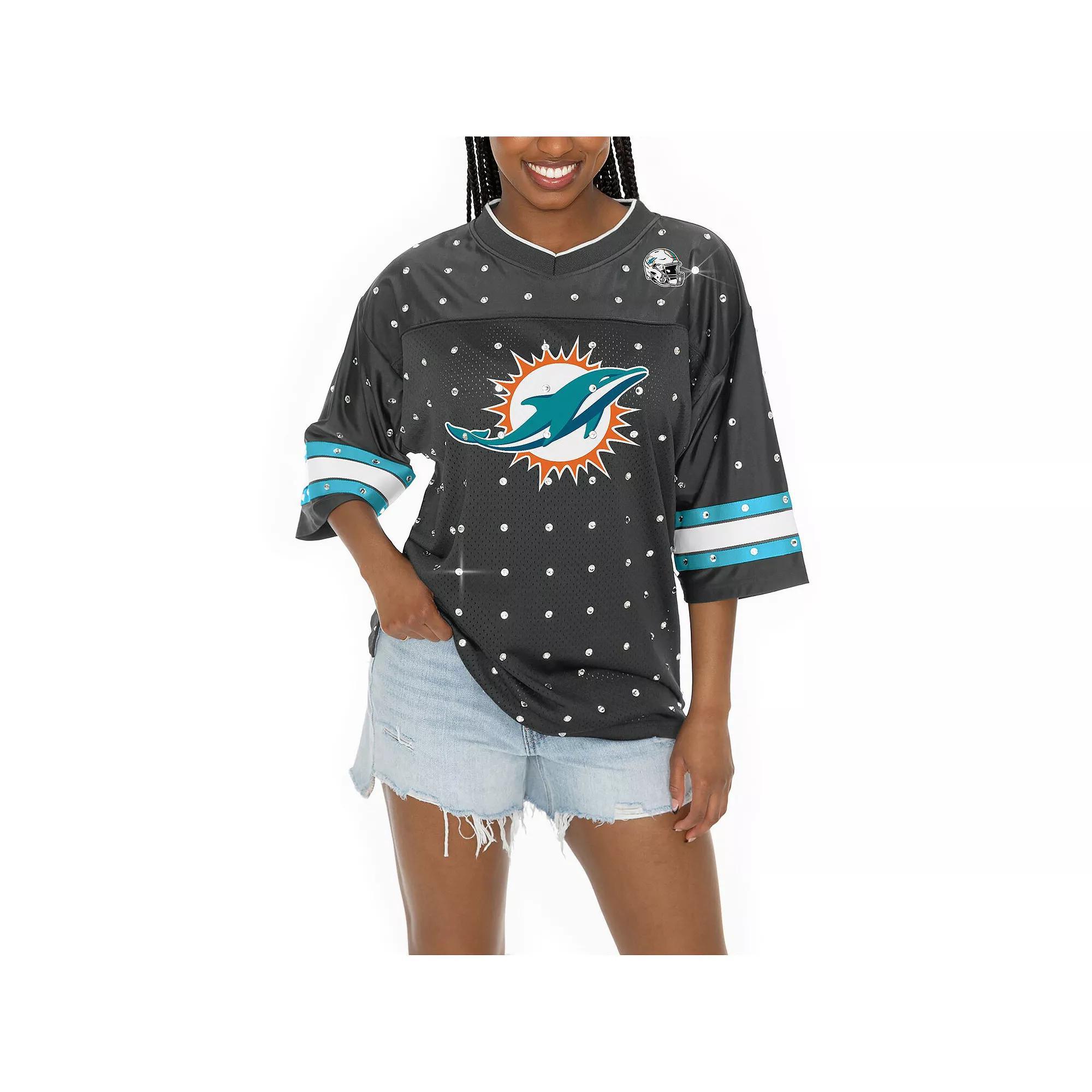 Women's Gameday Couture Anthracite Miami Dolphins All-Over Rhinestone Sports Stripe Kickoff V-Neck Fashion Half-Sleeve Jersey Top, Size: Medium, Grey Product Image