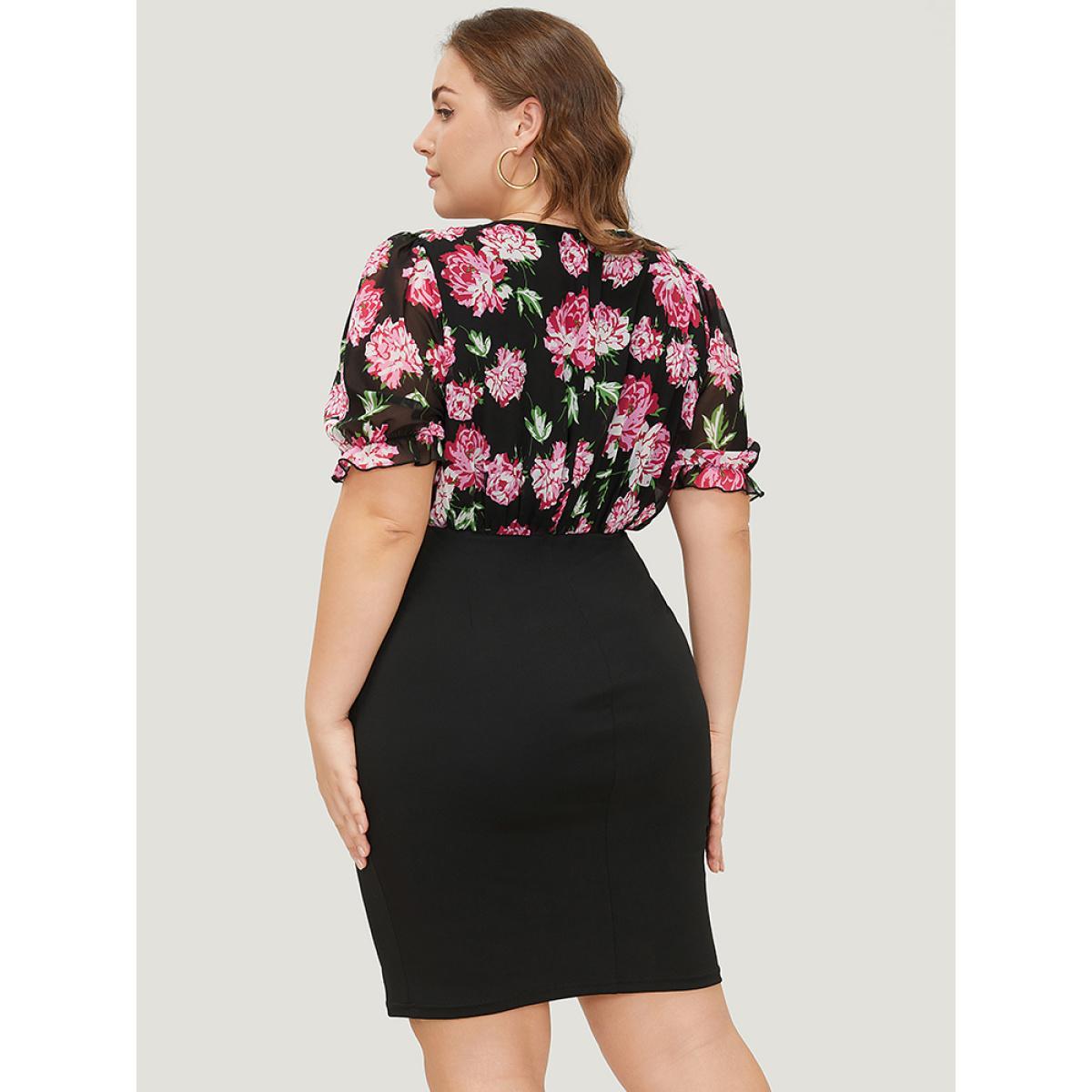 Plus Size Floral Patchwork Mesh Puff Sleeve Bodycon Dress Black Women Elegant Gathered Round Neck Short sleeve Curvy Knee Dress BloomChic 30/6X Product Image