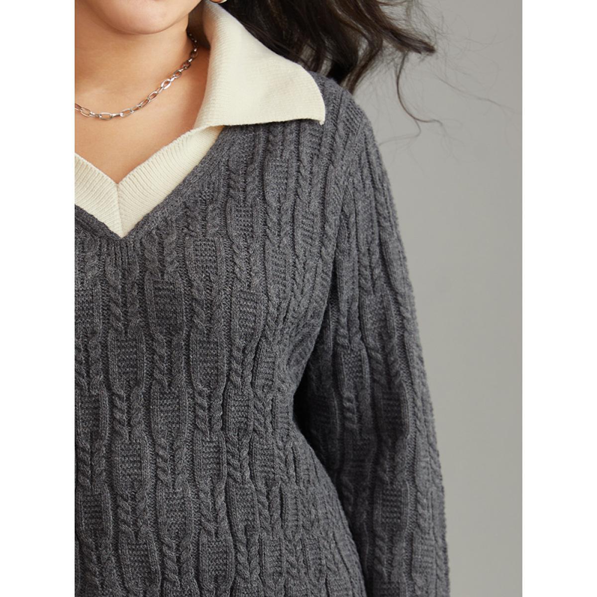 Plus Size 2-In-1 Cable Knit Lapel Collar Pullover DimGray Women Casual Loose Long Sleeve Lapel Collar Dailywear Pullovers BloomChic 30/6X Product Image