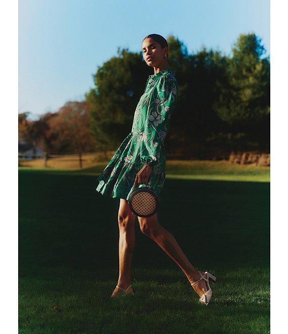 Anne Klein Satin Floral Print Point Collar Neck Long Sleeve Button Front Waist Tie Shirt Mini Dress Product Image