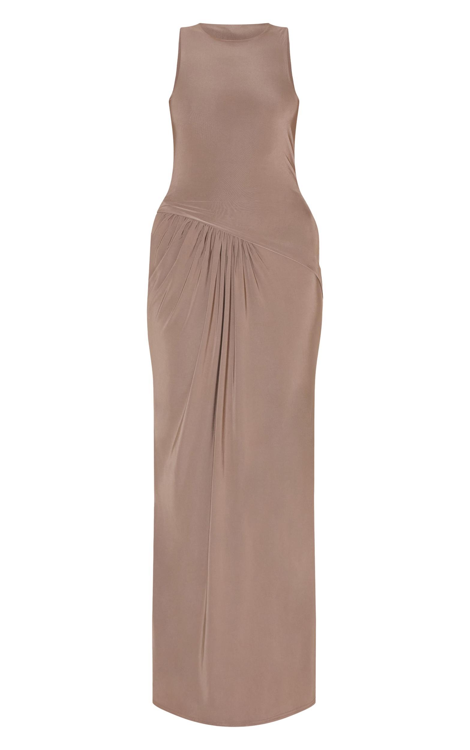 Mocha Double Layer Slinky Drop Waist Ruched Maxi Dress Product Image