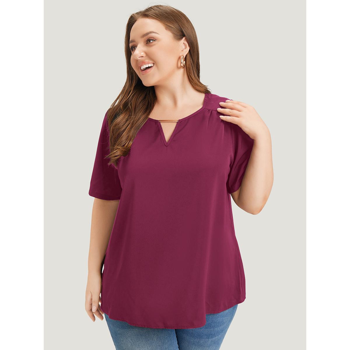 Plus Size Burgundy Anti-Wrinkle Plain Metal Detail Keyhole Neck Blouse Women Office Short sleeve V-neck Work Blouses BloomChic 22-24/3X Product Image